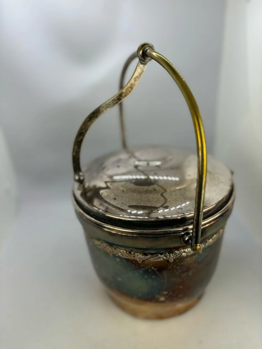 Vintage 1950’s Swing-top Ice Bucket-Silver on Copper/Grape & Leaf design